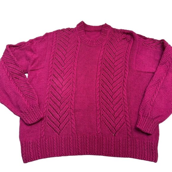 𝅺handmade Hand Knit Fucshia Pink Crew Neck Sweater Size L - Picture 2 of 9